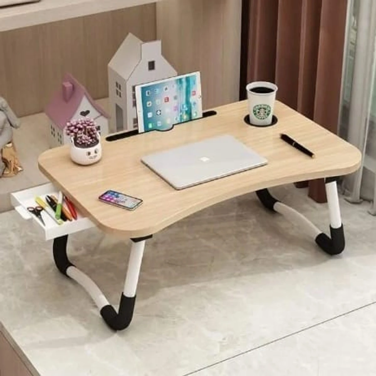 Foldable Laptop Table & Kids Reading Table Wooden With Drawer