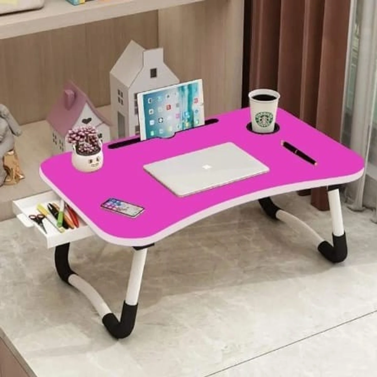 Foldable Laptop Table & Kids Reading Table Purple With Drawer