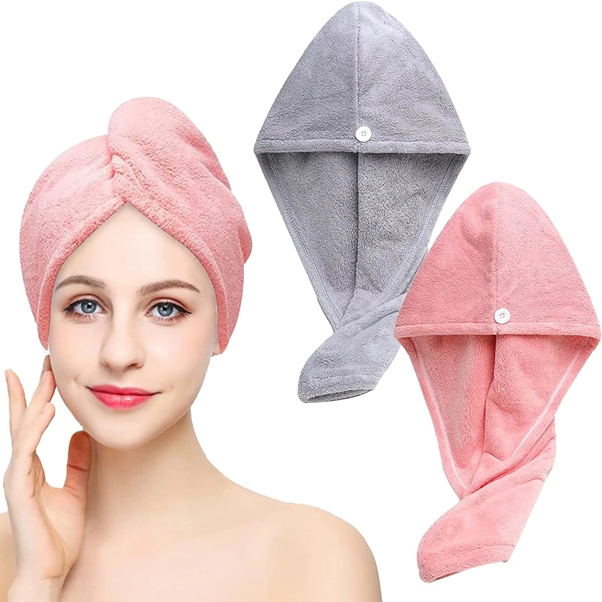Hair Towel, Hair Drying Towels with Buttons, Super Absorbent Microfiber Hair Towel Dry Hair Quickly for Women Pink