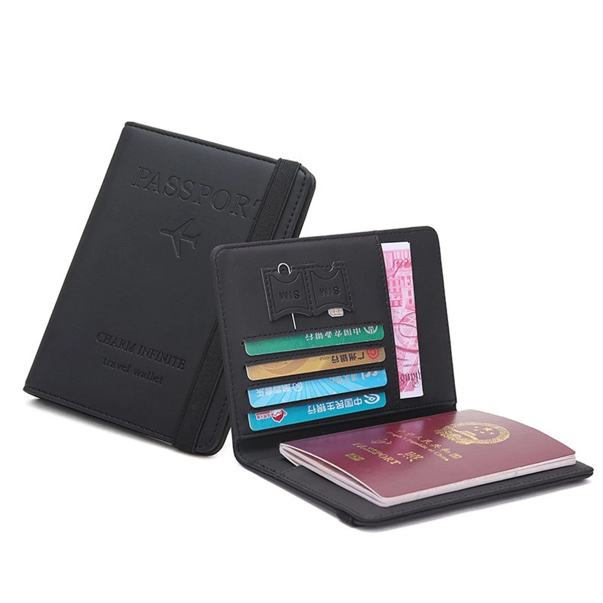 Artificial Leather Credit Card Holder Travel Passport Cover Wallet Black
